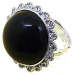 Coralli di Sardegna Ring Black Agate Cabochon 20mm and Silver Filigree Waves