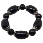 El Coral Bracciale Agata Nera Ciottoli 13x18mm. Pallini 10mm. Coppette Argentate Elastico