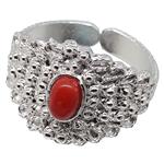 Coralli di Sardegna Ring Red Coral Cabochon and Silver Filigree Leaves Adjustable