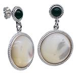 El Coral Earrings Green Agate 5mm and Nacre 18mm Cabochon, Silver Filigree