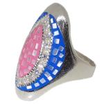 Coralli di Sardegna Ring Silver Zircons Mother of Pearl Enamel Blue Pink Oval Adjustable