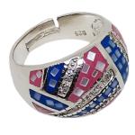 Coralli di Sardegna Silver Ring Zircons Mother of Pearl Enamel Blue Pink Geometries Adjustable