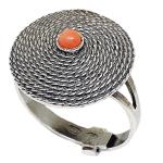 Coralli di Sardegna Spiral Burnished Silver Filigree Ring with Adjustable Pink Coral Ball