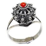 Coralli di Sardegna Red Coral Ring Ball 3mm Filigree Silver Burnished Adjustable