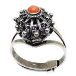 Coralli di Sardegna Button Ring in Burnished Silver Filigree and Adjustable Pink Coral