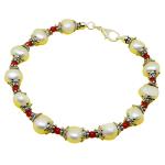 El Coral Bracelet White Pearls, Red Coral, Silvered Details and Clasp