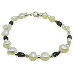 El Coral Bracelet White Pearls, Hematite Olives and Silvered Balls