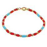 El Coral Bracciale Corallo Rosso 3x5mm. Turchese 3x5mm. Pallini e Chiusura Dorati