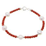 El Coral Bracciale in Corallo Rosso Perle Naturali con Pallini e Chiusura Argentati lunghezza 19cm.