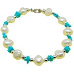 El Coral Bracelet alternated White Pearls, Turquoise Chips and Silvered Balls