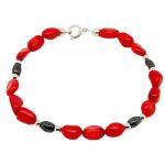 El Coral Bracciale Corallo Rosso Sassi Barocco e Ematite Olivette con Pallini e Chiusura Argentati