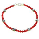 El Coral Bracciale Corallo Rosso Pallini da 3mm. con Pallini Rigati Diagonali da 5,5mm. e Chiusura Argentati Lunghezza 19cm. 