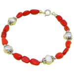 El Coral Bracciale Corallo Rosso Sassi Barocco da 6mm. e Perle Flat da 8mm. con Elementi e Chiusura Argentati Lunghezza 20cm. 