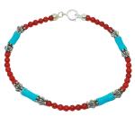 El Coral Bracciale Corallo Rosso Pallini da 3mm. e Turchese Tubetti svasati con elementi Lentiformi e Chiusura Argentati Lunghezza 19cm.