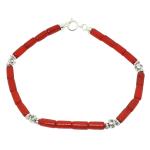 El Coral Bracciale Corallo Rosso Tubetti 4x8mm. con Rondelle, Pallini e Chiusura Argentati Lunghezza 19cm. 