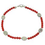 El Coral Bracciale Corallo Rosso Pallini da 3mm. con Pallini, Ovali Piatti e Chiusura Argentati Lunghezza 19cm. 