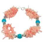 El Coral Bracelet Pink Coral Points 3 Strips, Turquoise Balls and Zamak 