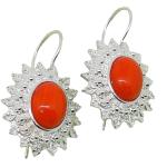 Coralli di Sardegna Earring Red Coral Cabochon and Silver Filigree Leaves, 3 cm length