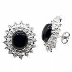 Coralli di Sardegna Black Agate Cabochon Earrings 8x10mm Silver Filigree Leaves