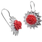 Coralli di Sardegna Earrings Red Coral Rose and Silver Filigree Leaves, 3.5 cm length