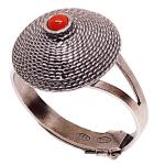 Coralli di Sardegna Ring Red Coral Ball and Old Silver Filigree Spiral Curved Adjustable