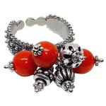 Coralli di Sardegna Red Coral Ring Dots Pendants Filigree Silver Burnished Adjustable