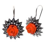 Coralli di Sardegna Earrings Red Coral Rose and Old Silver Filigree Leaves, 3.5 cm length