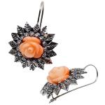 Coralli di Sardegna Earrings Pink Coral Rose and Old Silver Filigree Leaves, 3.5 cm length