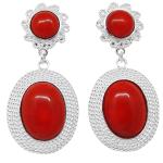 Coralli di Sardegna Earrings Red Coral 2 Cabochon and Baroque Silver Filigree, 4.2 cm length