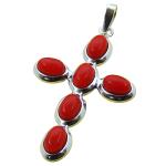 El Coral Pendant Cross 23x37mm Red Coral with Silver Thin Side