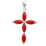 El Coral Ciondolo Corallo Rosso Olivette da 4x7mm. Montatura in Argento a Forma di Croce Lunghezza 37mm. 