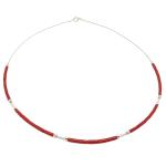 El Coral Collana Corallo Rosso Tubetti 3x5mm. con Pallini, Barrette e Chiusura Argentate Filo in Acciaio Lunghezza 45cm.
