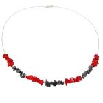 El Coral Collar Coral Rojo y Hematita Chips con Acero