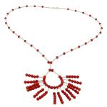 El Coral Collar Coral Rojo Bolitas y Barritas Plateadas Colgante Gota