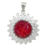 El Coral Pendant Red Coral Flat Rose and Silver Filigree Leaves