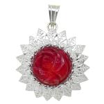 El Coral Ciondolo Corallo Rosso Incisione a Forma di Fiore da 12mm. Montatura in Filigrana di Argento Foglioline e Pallini Lunghezza 33mm. 