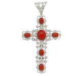 El Coral Pendant Cross 40x73 mm Red Coral Silver Filigree