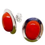 El Coral Earrings Red Coral Cabochon 10x14 mm and Silver