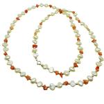 El Coral Necklace White Pearls, Pink Coral Chips and Silvered Balls, 80cm
