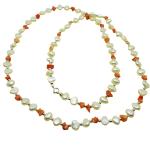 El Coral Collar Perlas Blancas, Chips Coral Rosa y Bolitas Plateadas, 80cm