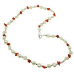 El Coral Collar Perlas Blancas, Chips Coral Rojo y Bolitas Plateadas