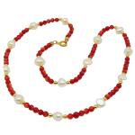 El Coral Collana Corallo Rosso Pallini da 4mm. e Perle Flat da 7mm. con Pallini e Chiusura Dorati Lunghezza 50cm.