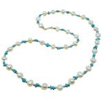 El Coral Necklace alternated White Pearls, Turquoise Chips and Silvered Balls