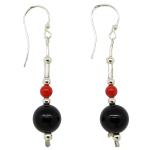El Coral Earrings Red Coral Ball and Black Agate Ball, 5 cm length
