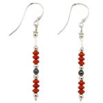 El Coral Earrings Red Coral Lentil Shape and Hematite Ball, 4 cm Length