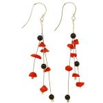 El Coral Earrings Red Coral Chips and Black Agate Balls, 3 Strips