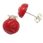 El Coral Pendientes Coral Rojo con Rosa Plana 10 mm y Plata