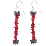 El Coral Earrings Red Coral Chips and 2 Zamak Butterflies, 6 cm length