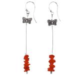 El Coral Earrings Red Coral Chips and Zamak Butterfly, 7 cm length