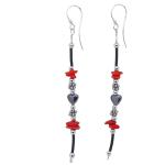 El Coral Earrings Red Coral Chips, Hematite Heart and Rubber, 8 cm length